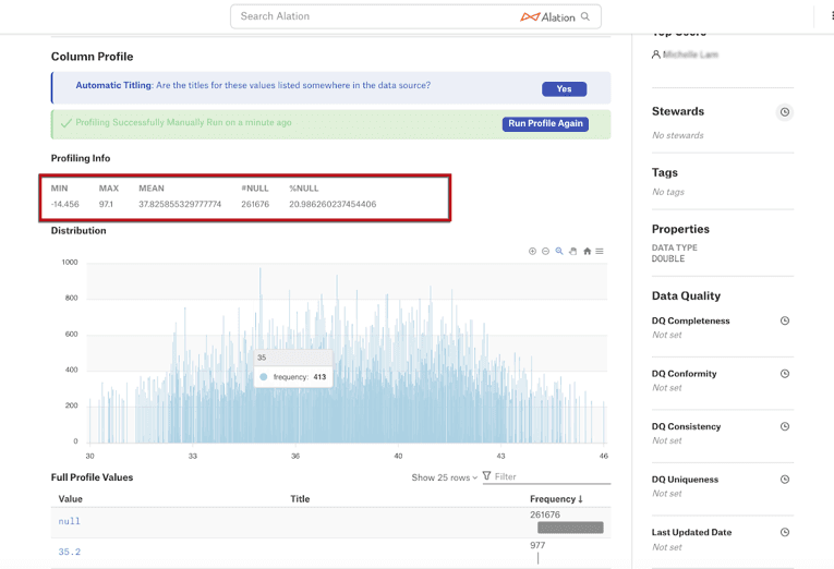 An example of profiling statistics in Alation