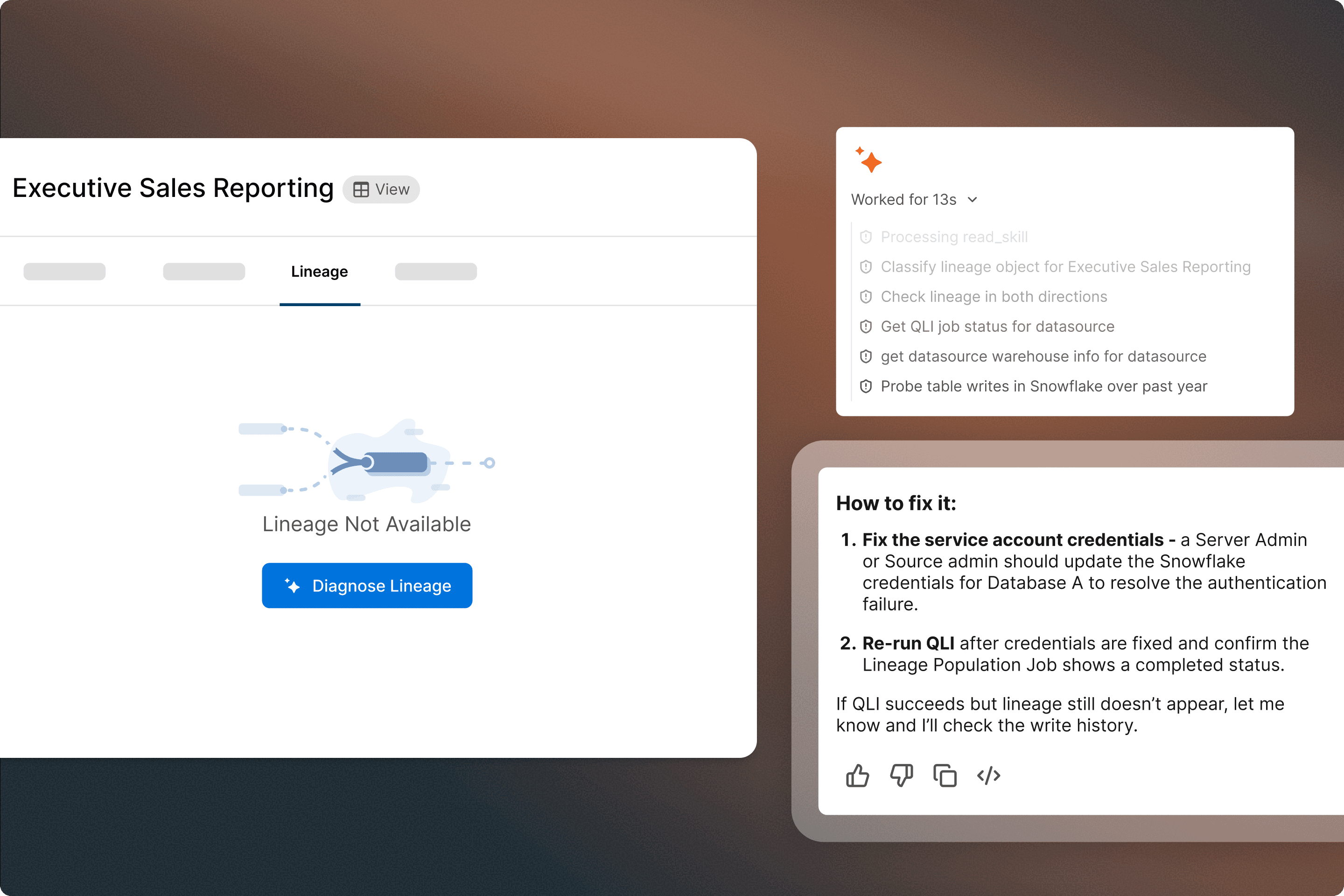UI screenshot showing Executive Sales Reporting lineage unavailable, with an AI panel diagnosing the issue and suggesting fixes.