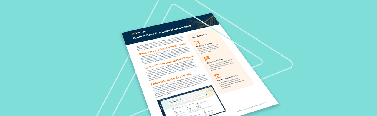 Alation Data Products Marketplace brochure on teal background showing features and benefits of the platform.