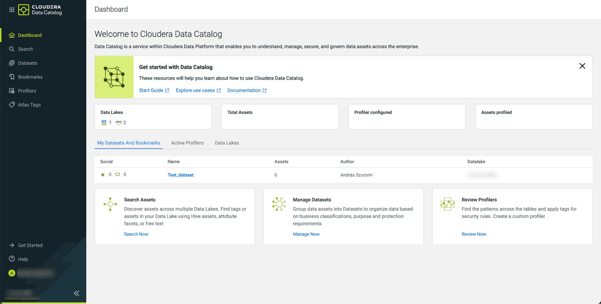 Cloudera’s Data Catalog dashboard shows dataset bookmarks and asset management across data lakes.