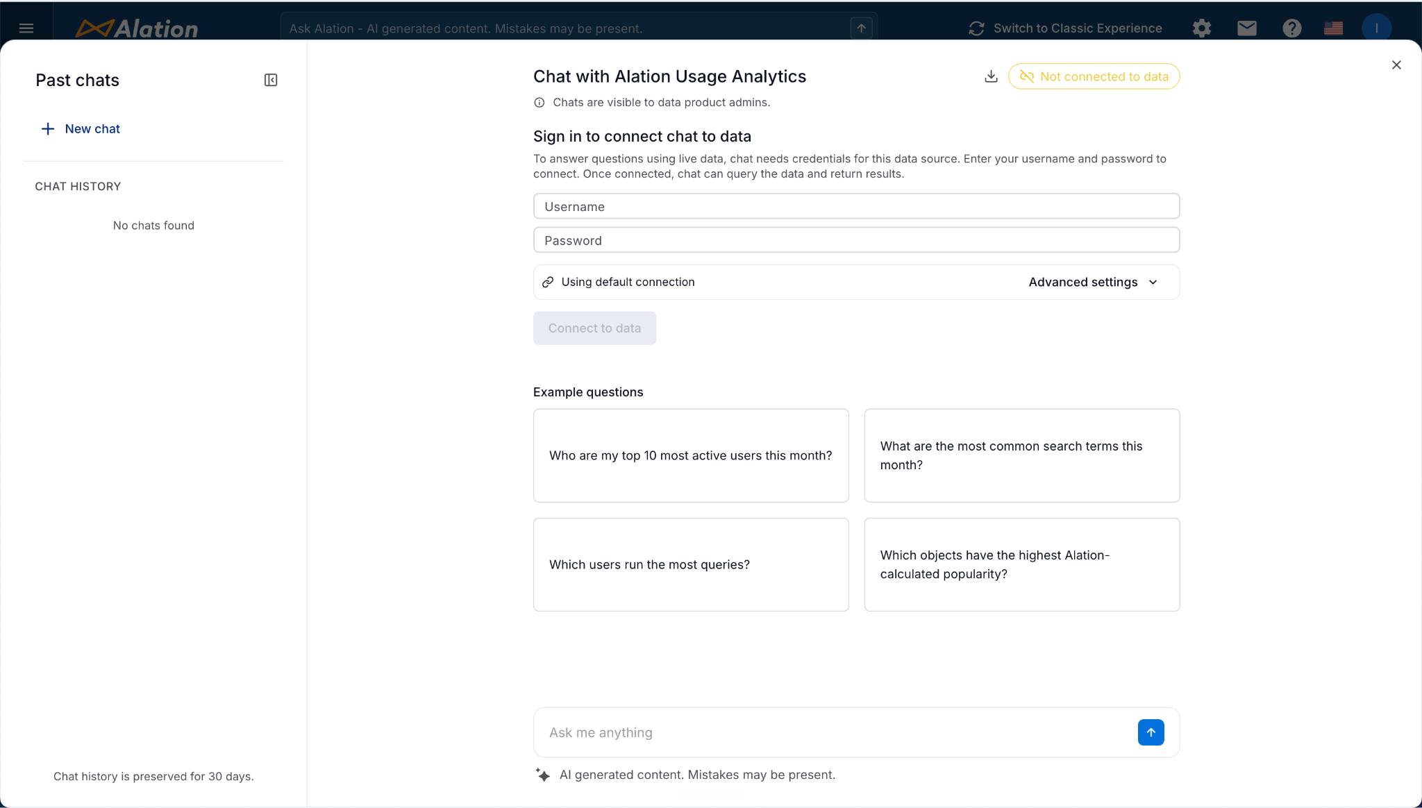 Chat with Alation Analytics sign-in prompt
