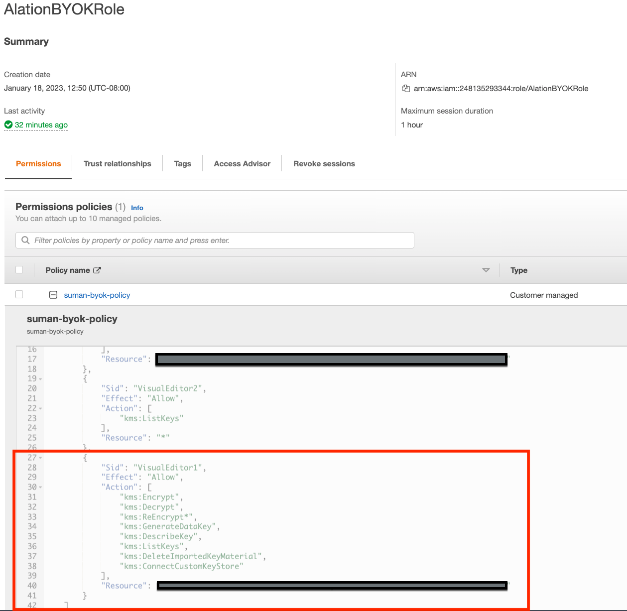 Permission policy in the AWS Console