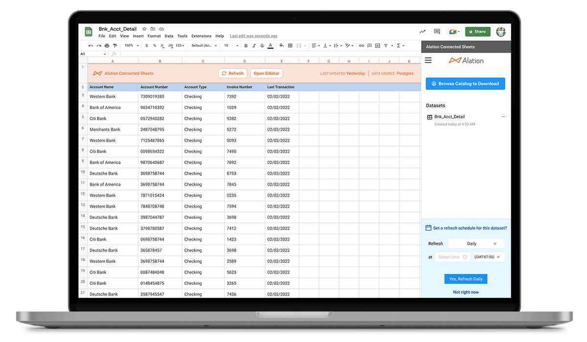 Alation Connected Sheets being pulled directly into a spreadsheet within a few clicks. 
