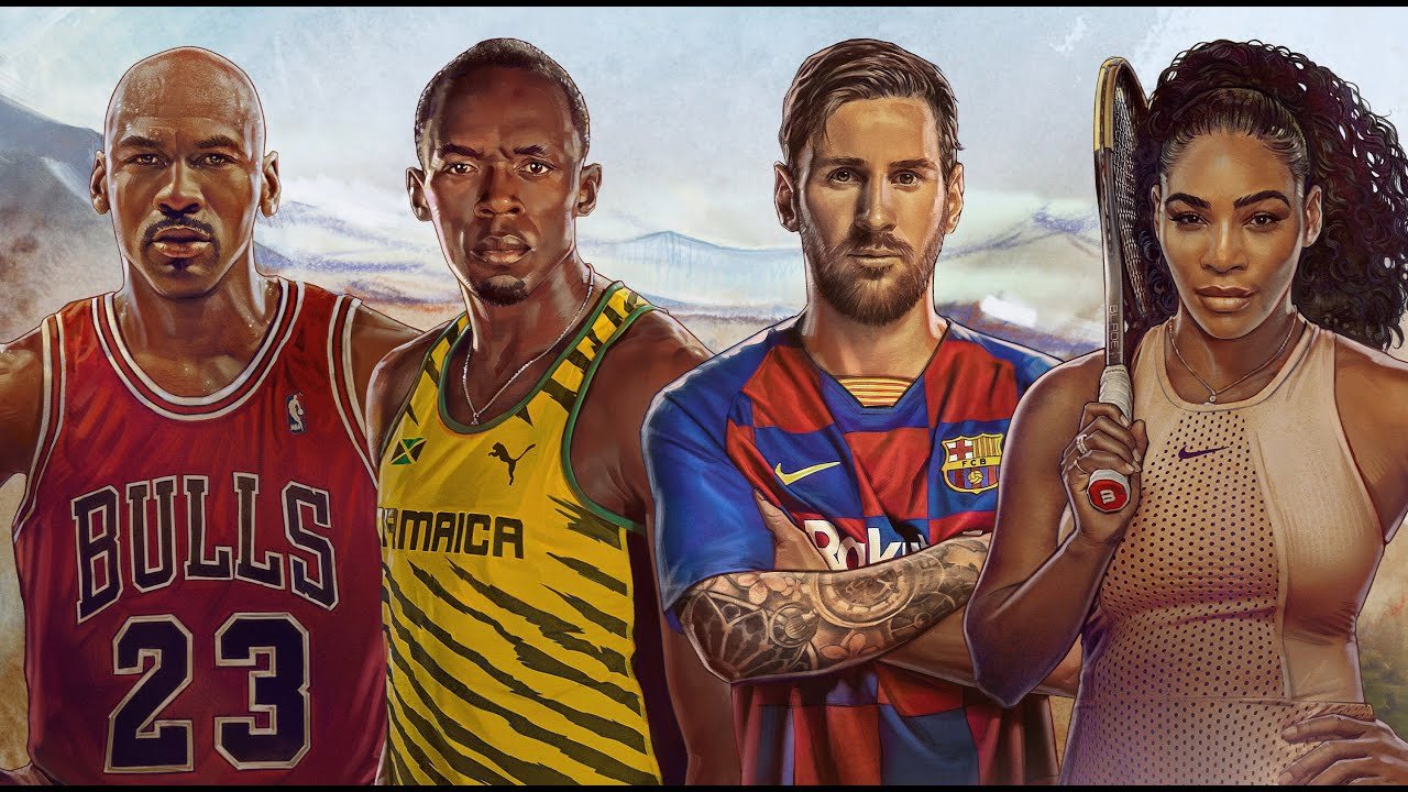 A mural of the GOATs athletes starring, Michael Jordan, Usain Bolt, Lionel Messi, and Serena Williams.