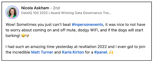 LinkedIn comment from Nicola Askham, DataIG 100 2022