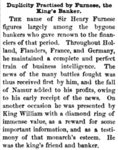 A newspaper cutout titled, "Duplicity Practised by Furnese, the King's Banker."